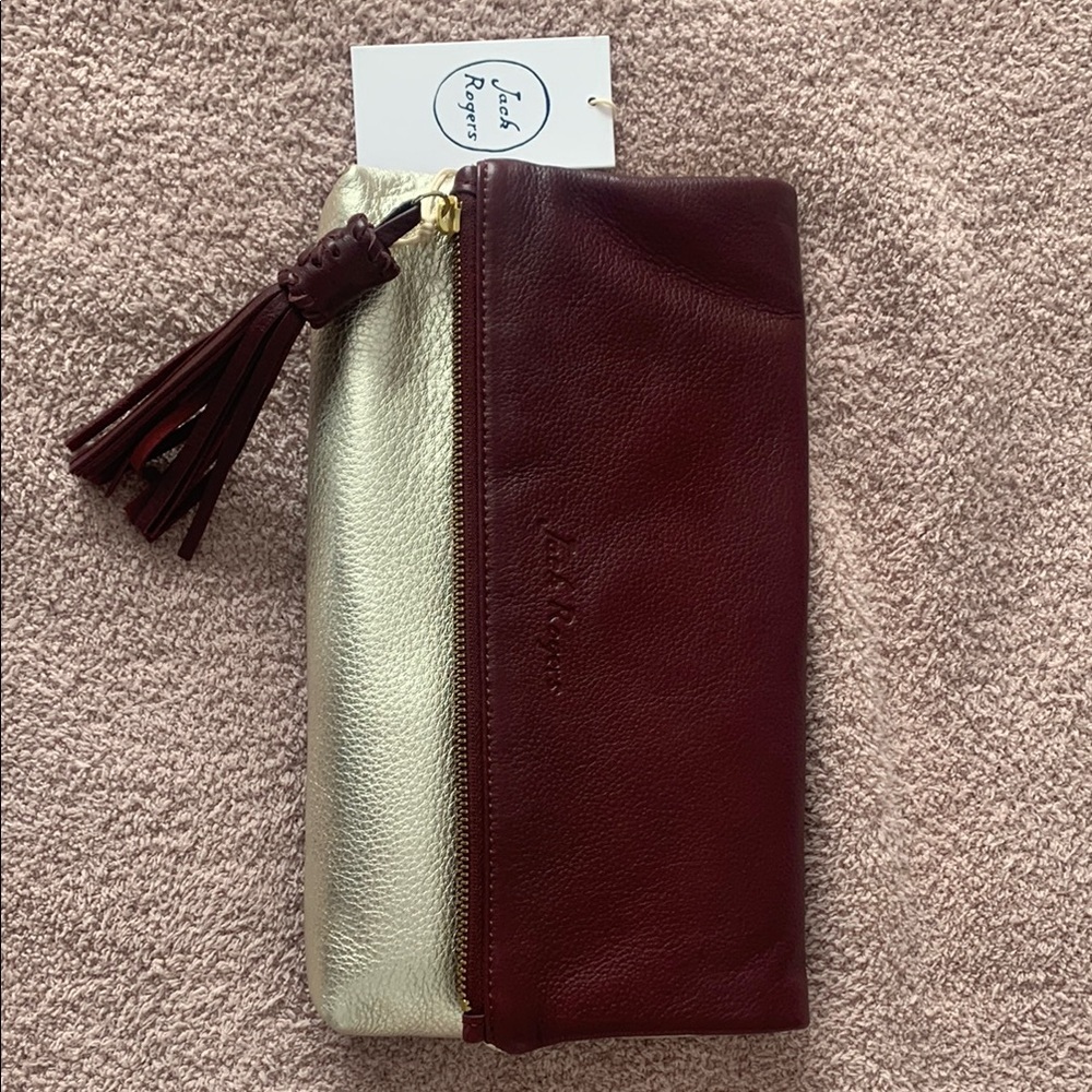 NWT! Jack Rogers Dark Ruby and Metallic Leather Clutch with Tassel